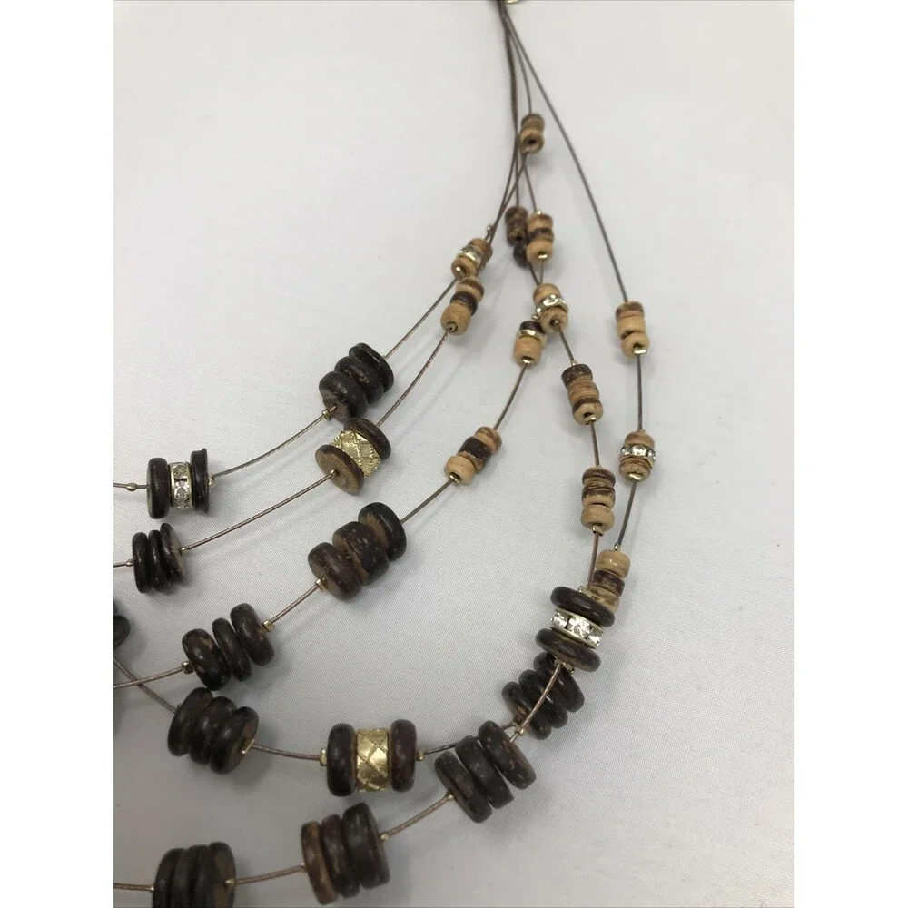 CHICO'S Necklace Brown Gold Tone  Multi Strand Floating Beads Earth Natural Tone